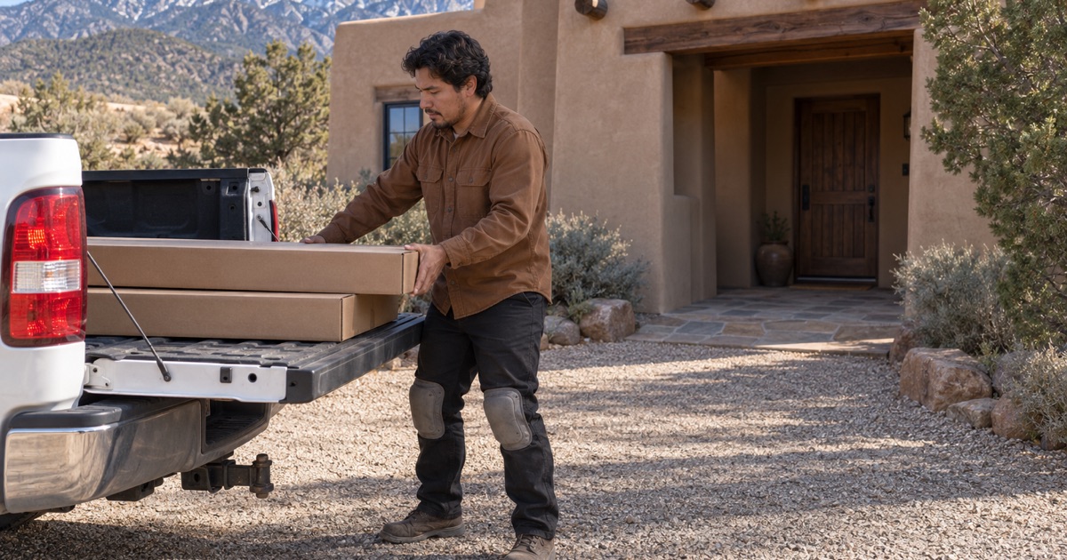 Worker lifting a carton of new oak flooring from a pickup tailgate at a job site outside a Santa Fe house.