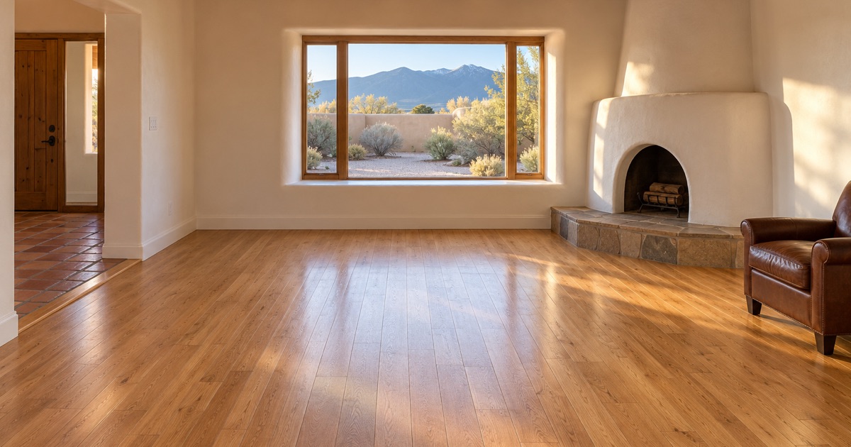 Refinished oak floor running to a kiva fireplace and flagstone hearth in a sunlit Santa Fe Style living room.
