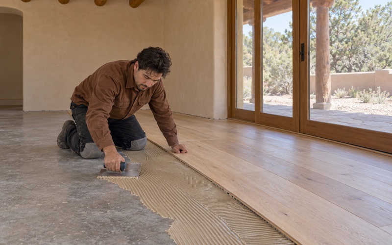 Worker troweling adhesive onto a concrete floor for engineered hardwood planks in a Santa Fe home.