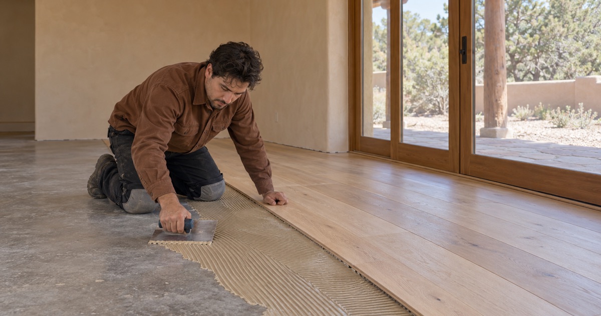 Worker troweling adhesive onto a concrete floor for engineered hardwood planks in a Santa Fe home.