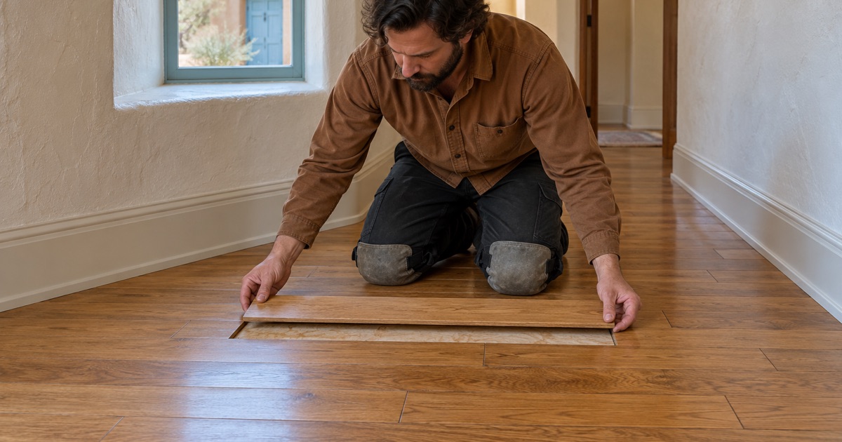Worker lowering a replacement oak board into a staggered repair where an old floor furnace was removed in a Santa Fe house.