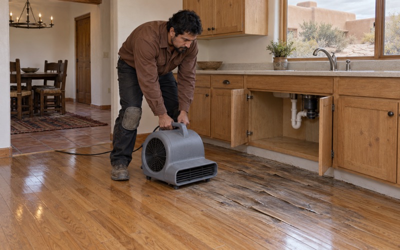 Worker setting an air mover beside cupped oak boards in front of a kitchen sink cabinet after a leak in a Santa Fe house.