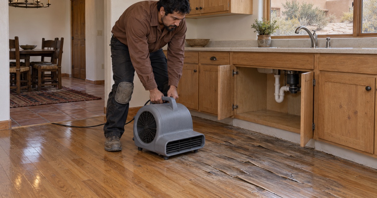 Worker setting an air mover beside cupped oak boards in front of a kitchen sink cabinet after a leak in a Santa Fe house.