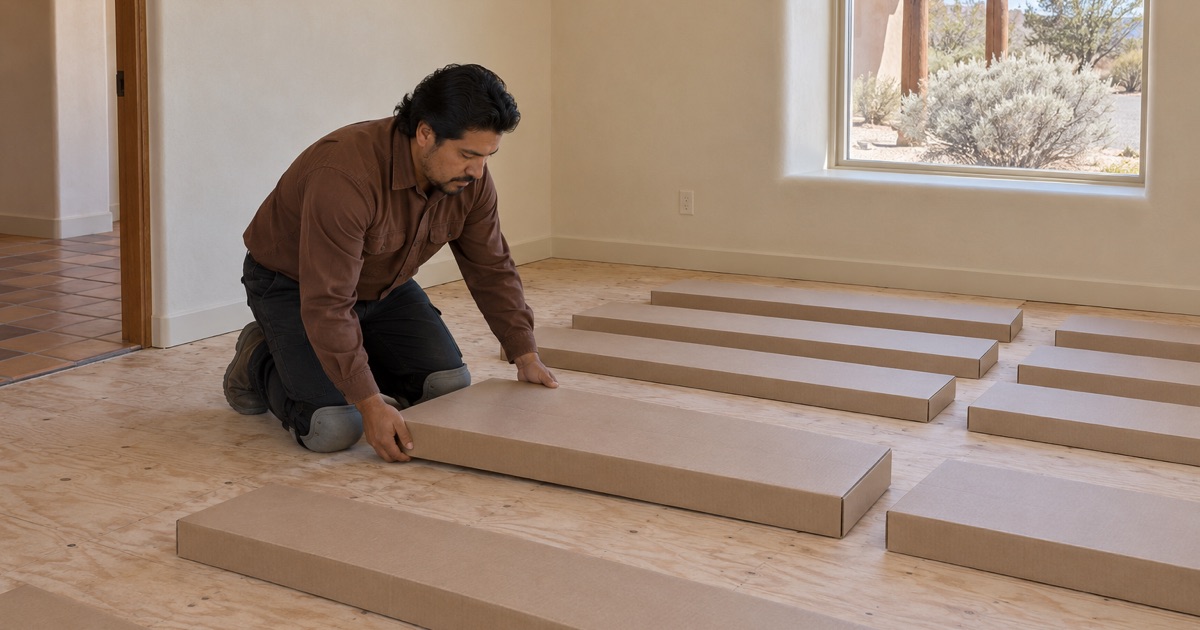 Worker laying unmarked cartons of new oak flooring flat to acclimate in the empty room of a Santa Fe house.