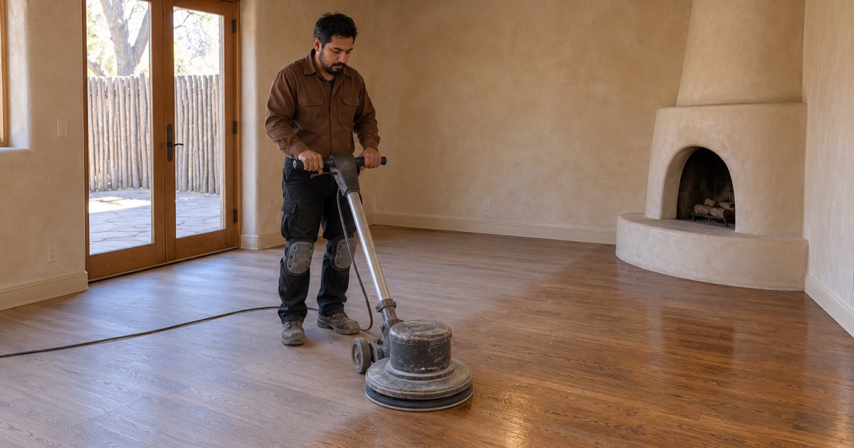 Worker running a floor buffer with a screen pad across the oak floor of a small Santa Fe casita between guest stays.