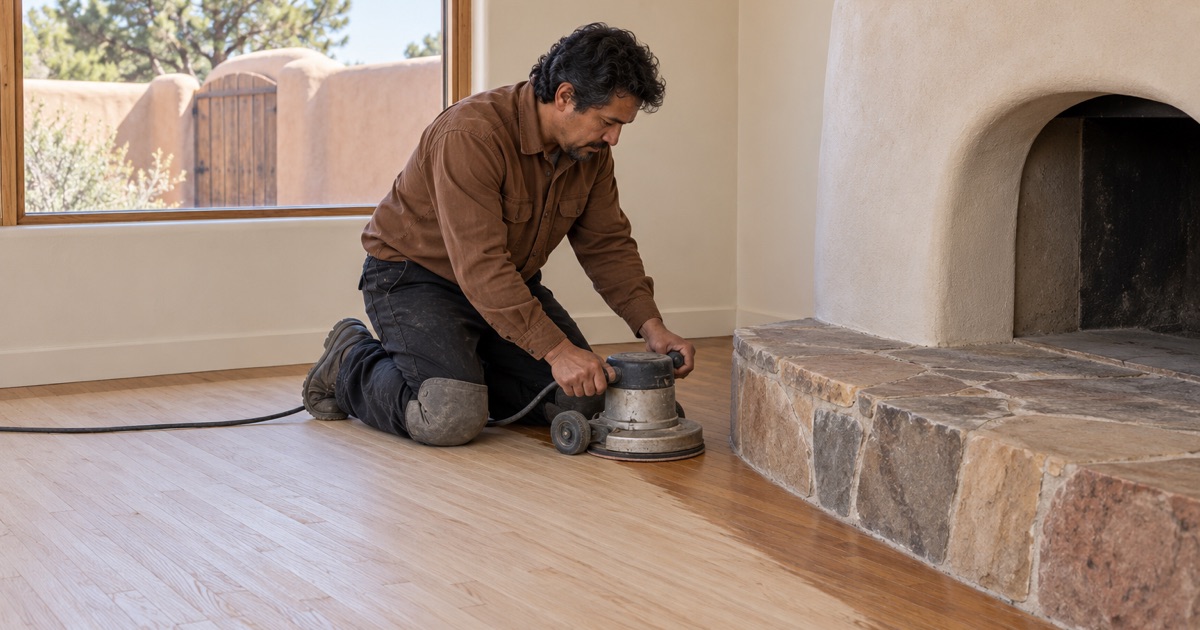 Worker running an edger along the flagstone hearth border of an oak floor being sanded in a Santa Fe home.
