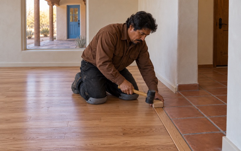 Worker tapping new oak boards tight where the new wood floor meets Saltillo tile in a Santa Fe house.