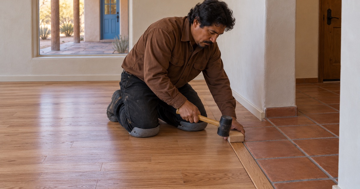 Worker tapping new oak boards tight where the new wood floor meets Saltillo tile in a Santa Fe house.