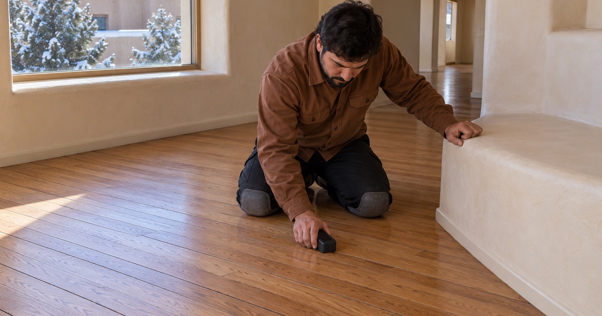 Worker pressing a moisture meter onto oak boards with seasonal winter gaps in a heated Santa Fe living room.