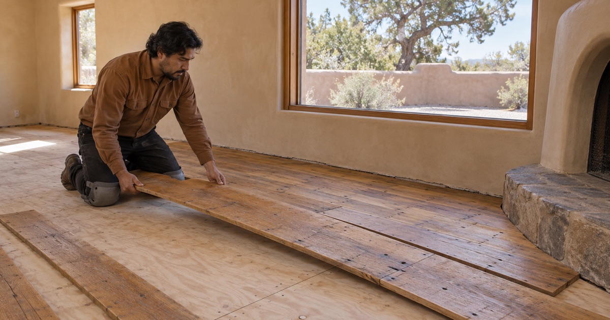 Worker laying a long reclaimed wide pine plank into a dry layout under the vigas of a Santa Fe living room.