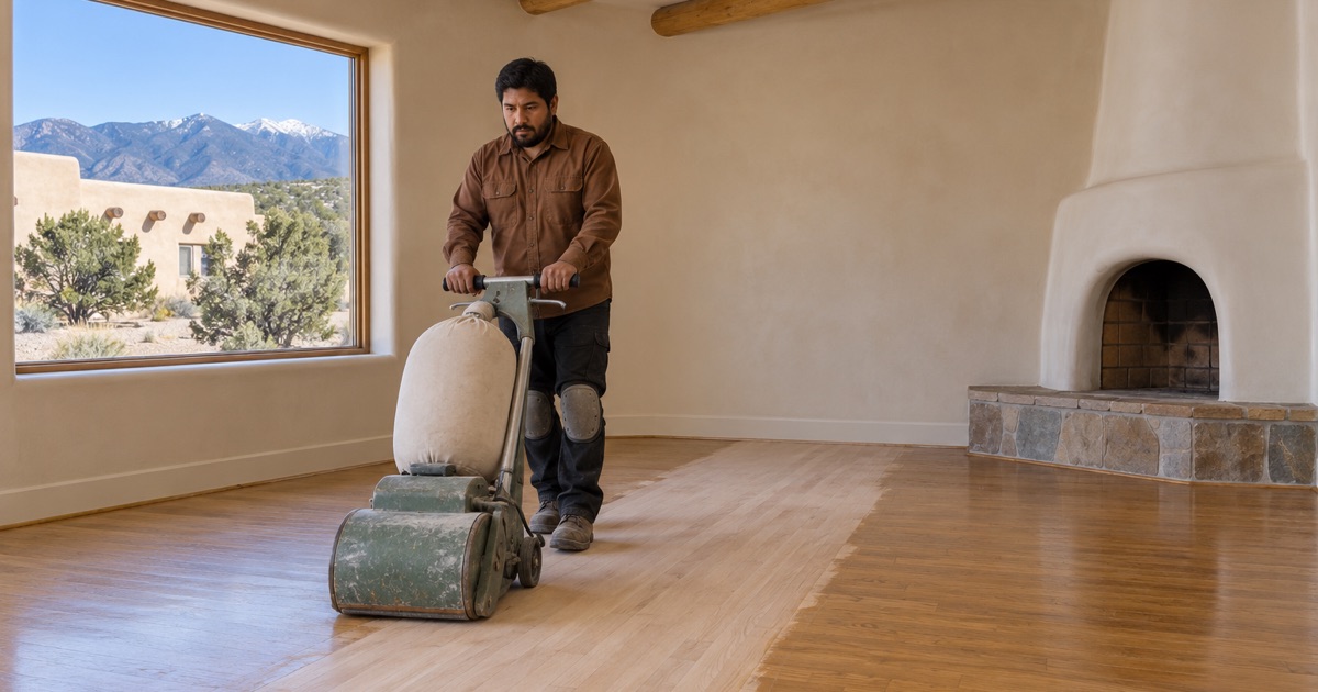 Worker guiding a drum sander along oak strip flooring beneath the vigas of a Santa Fe Style great room.